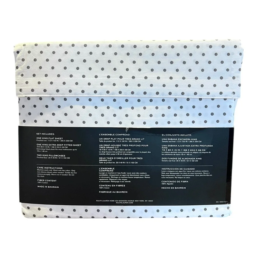 NEW Lauren Ralph Lauren King Sheet Set White Gray Dot Cotton Extra Deep Rare